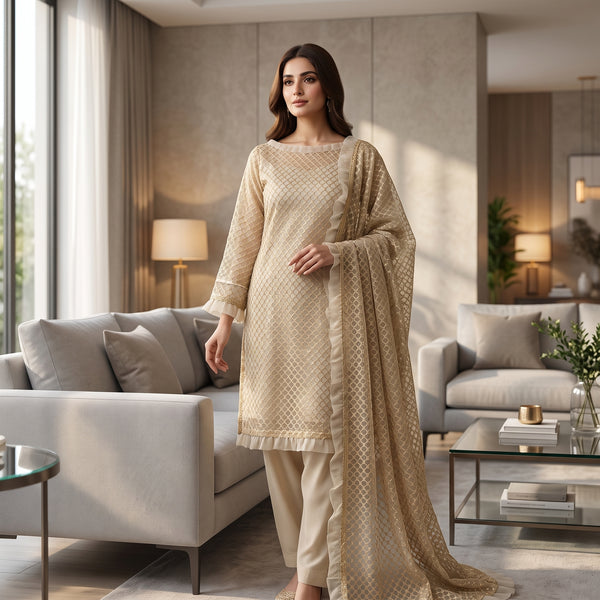 China Crinkle Embroidery MS-834 | Premium Embroidered Fabric Per Yard | Markaz Silk