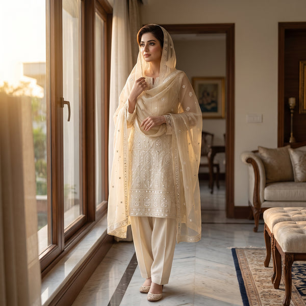 Khaddi Net Embroidery Suit MS 845 – Elegant Embroidered Suit | Markaz Silk