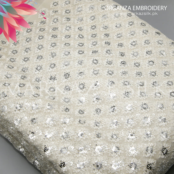 Organza Embroidery MS-737 | Premium Sequined Organza Fabric - Markaz Silk - Price Per Yard